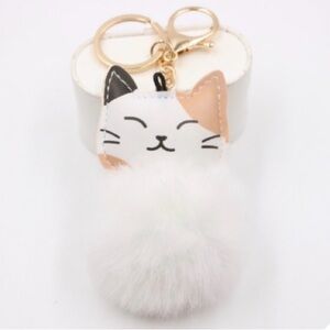 Charming Cat Keychain with Fluffy White Pom Pom